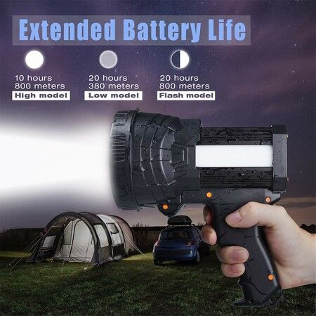 Rechargeable spotlight,Super Bright 1000,000 LM LED Flashlight Handheld Spotlight 10000mAh Long Lasting Large Flashlight Searchlight and Flood Camping Flashlight with Foldable Tripod Black