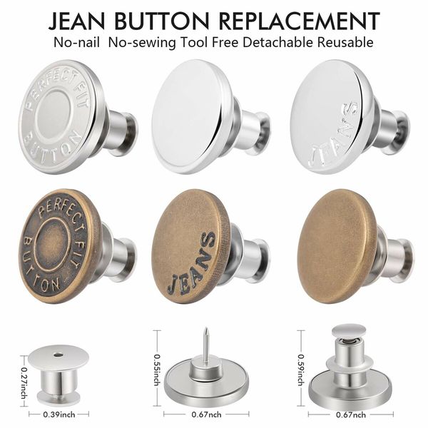 12 Sets Button Pins for Loose Jeans,No Sew and No Tools Instant Replacement Snap Tack Pant Button,Reusable and Adjustable Metal Pants Button Tightener