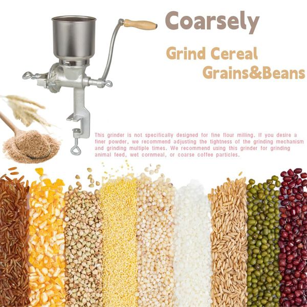 High Hopper Cast Iron Manual Grain Mill-Heavy Duty Grain Grinder,Coffee Grinder Dry and Wet Grinding for Wheat,Grain,Corn and Flours,Silver