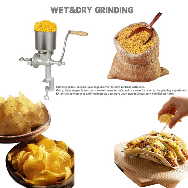 High Hopper Cast Iron Manual Grain Mill-Heavy Duty Grain Grinder,Coffee Grinder Dry and Wet Grinding for Wheat,Grain,Corn and Flours,Silver