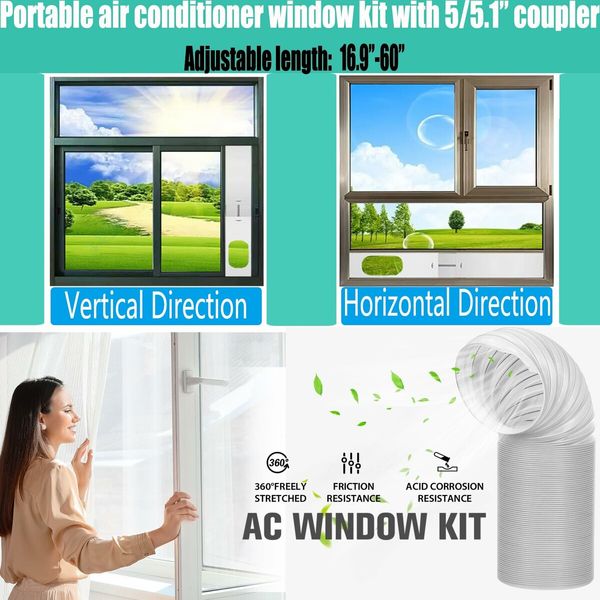 Portable AC Window Vent Kit 1.5m 5.1inch Exhaust Hose 130mm flat nozzle  1.3m of sealing board Length Exhaust Hose for Sliding Horizontal Vertical Windows