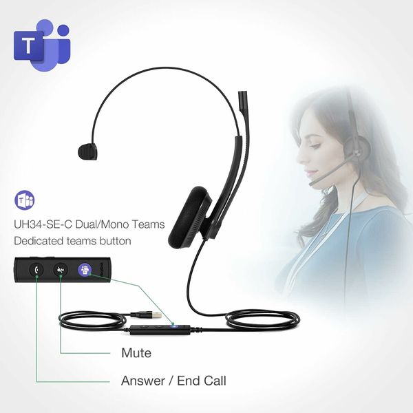 Yealink UH34 USB Wired Headset with Microphone, Headphones with Noise Cancelling, Professional Business Headphones VoIP Phone Computer Call Center Office, Ultra Light Mono