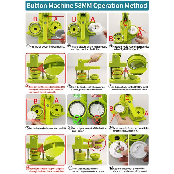 Button Maker Machine,58mm Installation Free 58mm(2.25in) DIY Pin Badge Button Maker Press Machine Badge Punch Press with Free 100pcs Button Parts Pictures Circle Cutter Magic Book