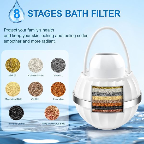 Bath Ball Filter, 8 Stages Bath Water Filter for Softer and Skin, BPA Free, 2,500 Gallons of Filtration