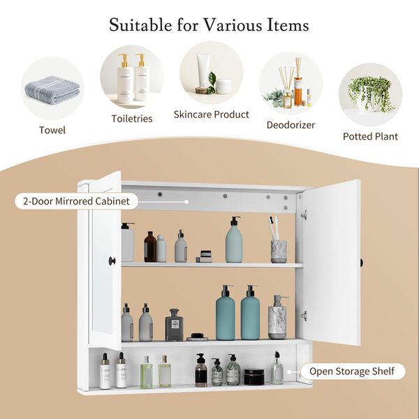 Bathroom Mirror Cabinet Medicine Shaver Shaving Storage Organiser Wall Bath Vanity Cupboard Toilet Shelves Furniture Organizer with 2 Doors White