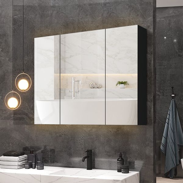 Bathroom Mirror Cabinet Vanity Medicine Shaving Storage Organiser Wall Cupboard Bath Toilet Shower Shelves Furniture Organizer 3 Doors Black