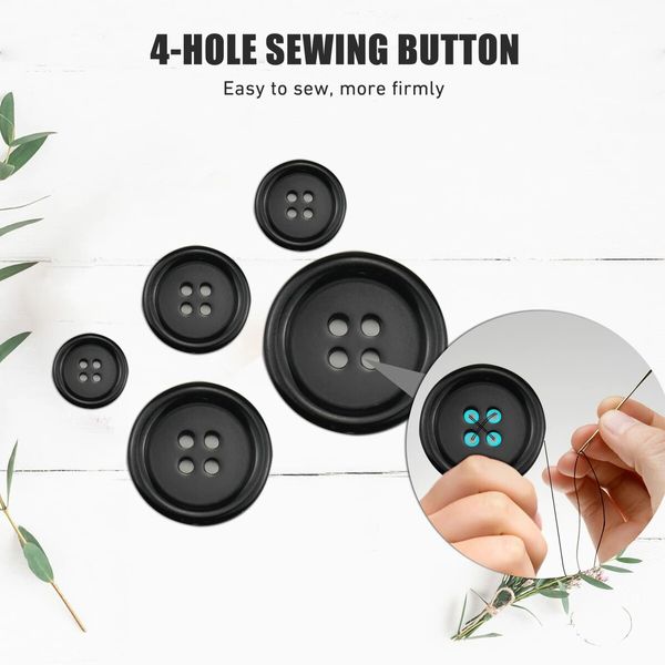 Premium 100 Pcs Resin Sewing Buttons,Eco-Friendly 4-Hole Craft Buttons,5 Sizes of Black Round Mixed Buttons Suitable for Sewing,DIY and Holiday Decoration