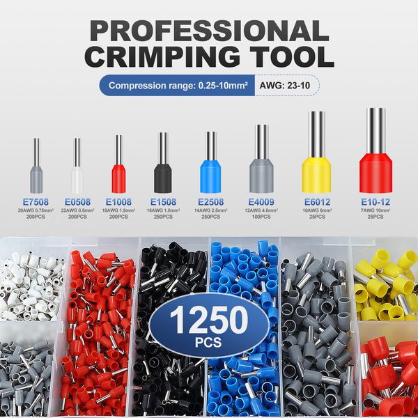 1250 Ferrule Crimper Plier Kit 0.25 to 10 Square Metre Terminal Ratchet Crimping Tool Wire Cable Cord End Insulated Electrical Battery Assortment Set