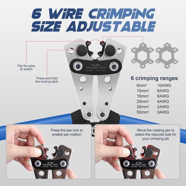 Crimping Tool Pliers Cable Plug Electrical Battery Terminal Wire Lug Hex Crimper Rope Cutter 10 AWG 6 to 50 Square Metres Repairing Tool Kit