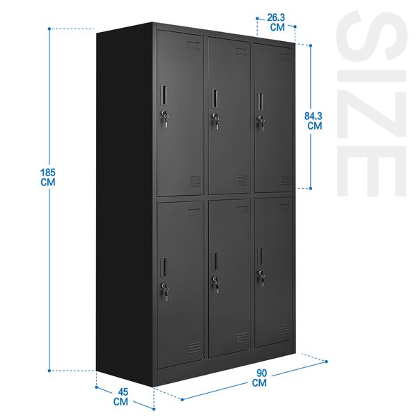 Steel Storage Cabinet 6 Doors Locker Tall Black Cupboard Furniture Heavy Duty Metal Locking Organiser for Office School Gym Home Garage