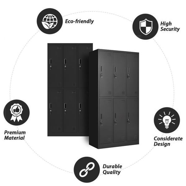 Steel Storage Cabinet 6 Doors Locker Tall Black Cupboard Furniture Heavy Duty Metal Locking Organiser for Office School Gym Home Garage