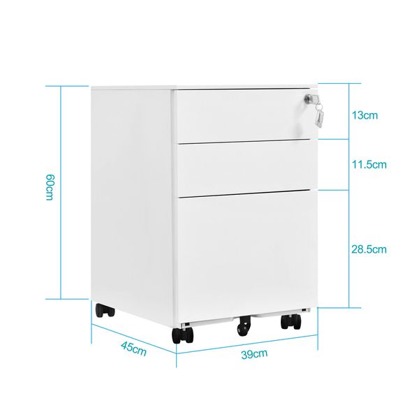 Steel File Cabinet 3 Drawers Metal Office Under Desk Document Storage Furniture White Vertical Locking Mobile Filing Organiser Unit On 5 Wheels