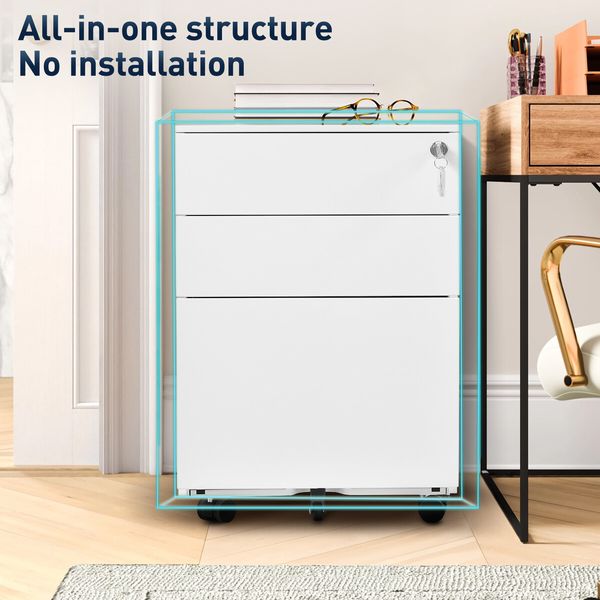 Steel File Cabinet 3 Drawers Metal Office Under Desk Document Storage Furniture White Vertical Locking Mobile Filing Organiser Unit On 5 Wheels