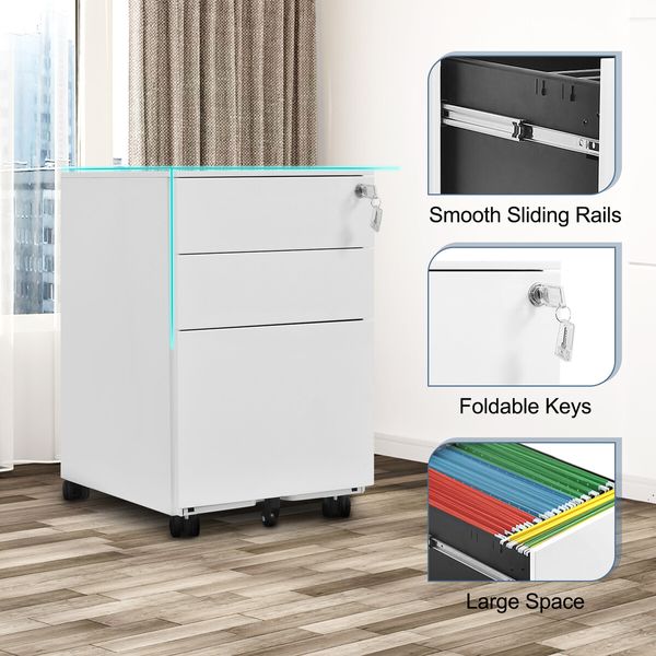 Steel File Cabinet 3 Drawers Metal Office Under Desk Document Storage Furniture White Vertical Locking Mobile Filing Organiser Unit On 5 Wheels