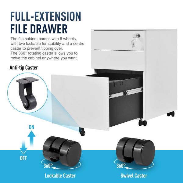 Steel File Cabinet 3 Drawers Metal Office Under Desk Document Storage Furniture White Vertical Locking Mobile Filing Organiser Unit On 5 Wheels