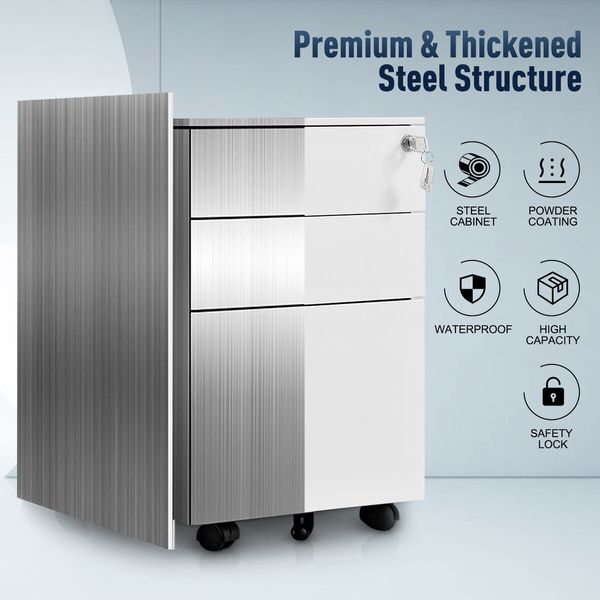 Steel File Cabinet 3 Drawers Metal Office Under Desk Document Storage Furniture White Vertical Locking Mobile Filing Organiser Unit On 5 Wheels