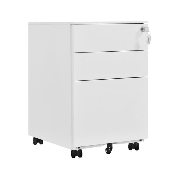 Steel File Cabinet 3 Drawers Metal Office Under Desk Document Storage Furniture White Vertical Locking Mobile Filing Organiser Unit On 5 Wheels