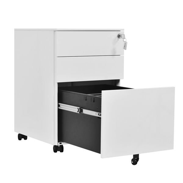 Steel File Cabinet 3 Drawers Metal Office Under Desk Document Storage Furniture White Vertical Locking Mobile Filing Organiser Unit On 5 Wheels