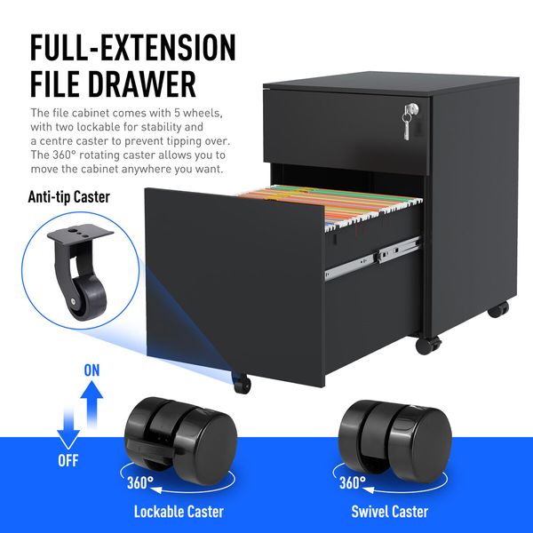 2 Drawer File Cabinet Under Desk Steel Office Filing Furniture Black Metal Locking Document Storage Organiser Vertical Mobile Unit On 5 Wheels