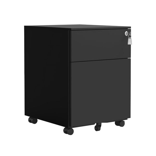 2 Drawer File Cabinet Under Desk Steel Office Filing Furniture Black Metal Locking Document Storage Organiser Vertical Mobile Unit On 5 Wheels