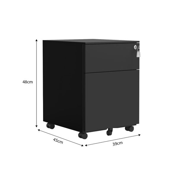 2 Drawer File Cabinet Under Desk Steel Office Filing Furniture Black Metal Locking Document Storage Organiser Vertical Mobile Unit On 5 Wheels