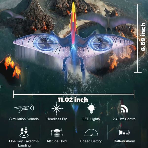 Pterosaur Flying Remote Control Toy for Kids, Headless Mode, LED Light, Perfect Birthday Christmas Gift, One Key Start, Speed Adjustment