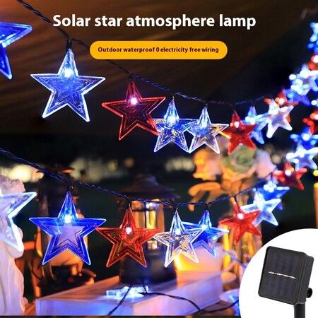 12M 100 LED Solar Star String Lights Outdoor Waterproof Red White Blue Fairy Lights with 8 Modes for Independence Day Celebrations