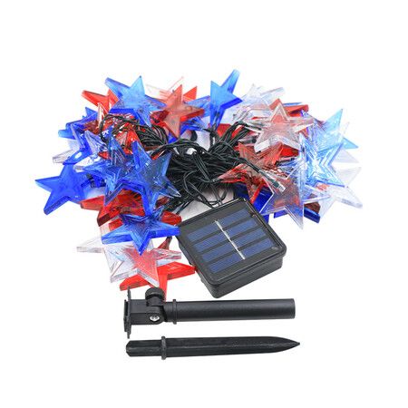 12M 100 LED Solar Star String Lights Outdoor Waterproof Red White Blue Fairy Lights with 8 Modes for Independence Day Celebrations