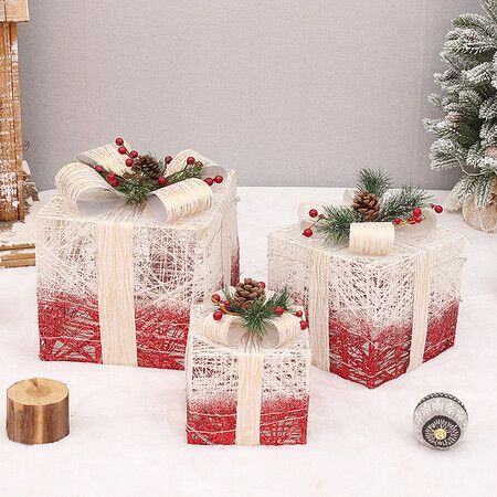 Set of 3 Christmas Lighted Gift Boxes Ribbon Bows Decorations for Xmas Tree Home Yard Indoor Outdoor