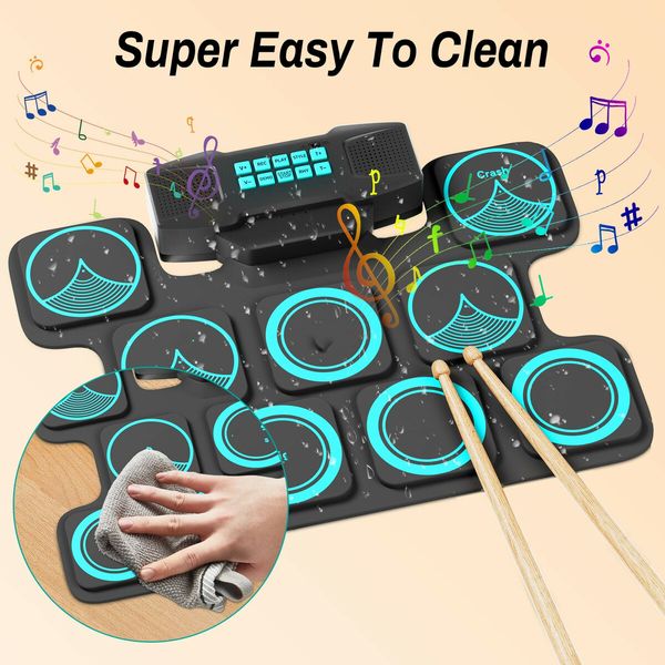 Electronic Drum Set,9 Electric Drum Practice Pad with Headphone Jack,Roll-up Pad Machine Built-in Speaker Drum Pedals Sticks