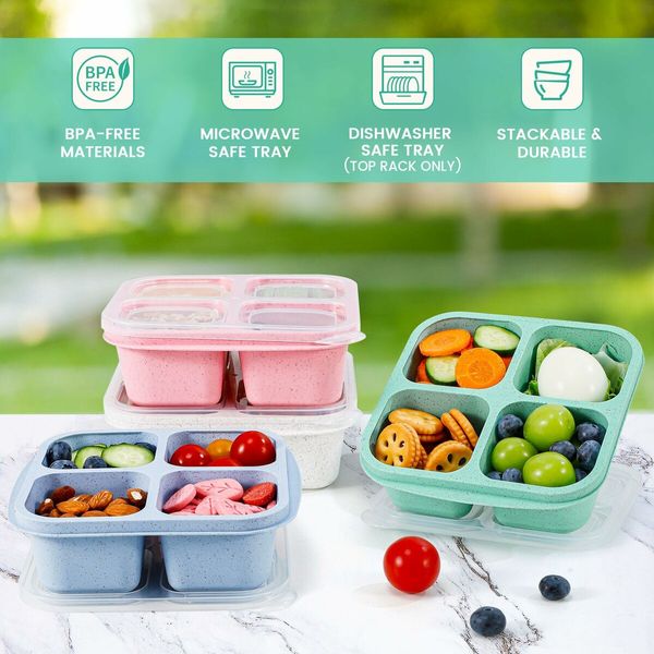 Wheat Straw Lunchable Snack Containers,4 Compartment Bento Snack Boxes,Reusable Food Storage Containers for Snacks & Small Meal,4 Pack (Multicolor & Clear Lids)