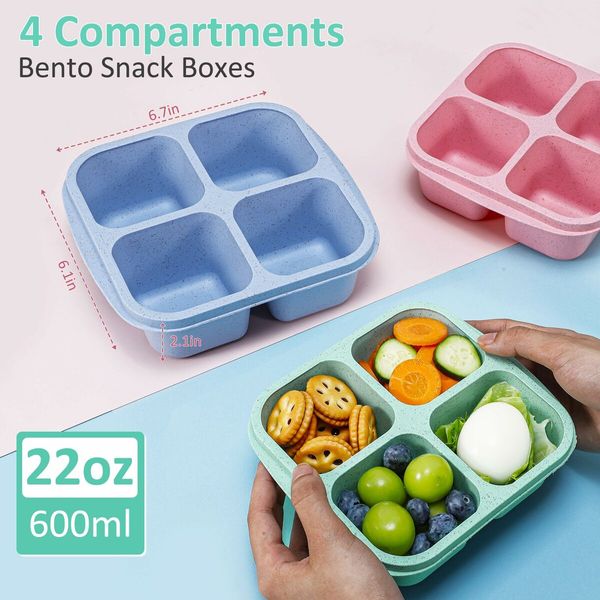 Wheat Straw Lunchable Snack Containers,4 Compartment Bento Snack Boxes,Reusable Food Storage Containers for Snacks & Small Meal,4 Pack (Multicolor & Clear Lids)