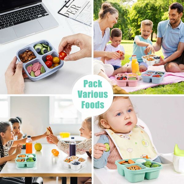 Wheat Straw Lunchable Snack Containers,4 Compartment Bento Snack Boxes,Reusable Food Storage Containers for Snacks & Small Meal,4 Pack (Multicolor & Clear Lids)