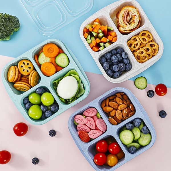 Wheat Straw Lunchable Snack Containers,4 Compartment Bento Snack Boxes,Reusable Food Storage Containers for Snacks & Small Meal,4 Pack (Multicolor & Clear Lids)