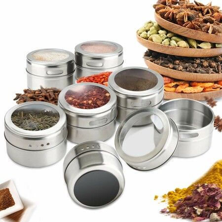 12 Magnetic Stainless Steel Spice Tins With Wall-Mounted Organiser And Labelling Stickers