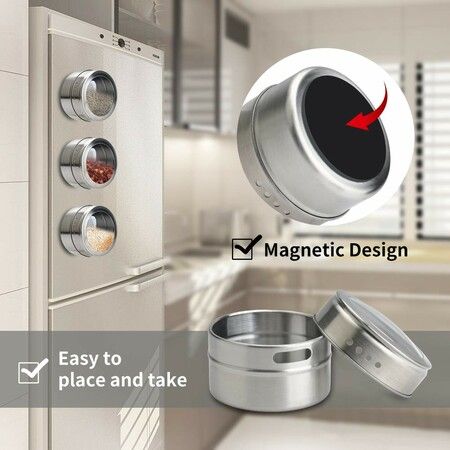 12 Magnetic Stainless Steel Spice Tins With Wall-Mounted Organiser And Labelling Stickers