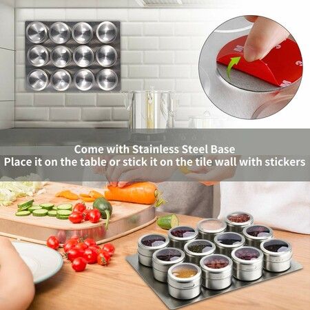 12 Magnetic Stainless Steel Spice Tins With Wall-Mounted Organiser And Labelling Stickers