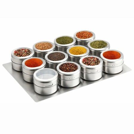 12 Magnetic Stainless Steel Spice Tins With Wall-Mounted Organiser And Labelling Stickers