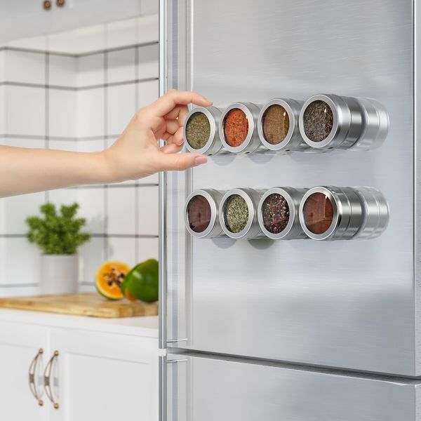 12 Magnetic Stainless Steel Spice Tins With Wall-Mounted Organiser And Labelling Stickers