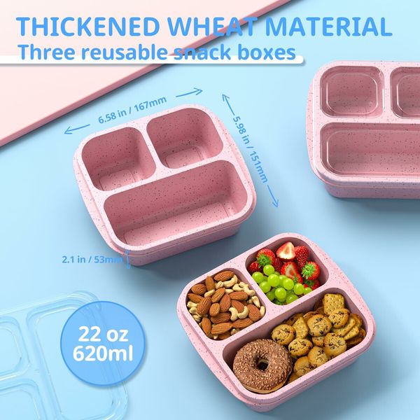 Snack Boxes,Stackable Bento Boxes with 3 Compartments,Meal Prep Containers Reusable,Lightweight Lunch Containers,3 Pack Pink