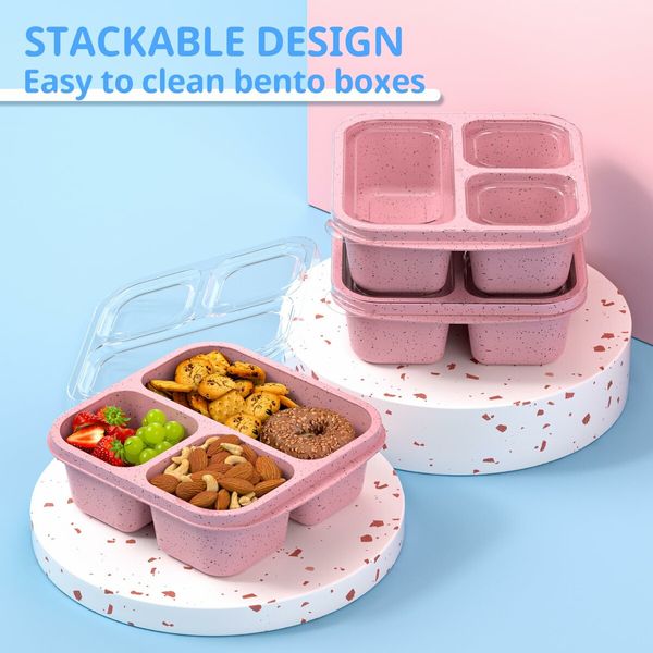 Snack Boxes,Stackable Bento Boxes with 3 Compartments,Meal Prep Containers Reusable,Lightweight Lunch Containers,3 Pack Pink