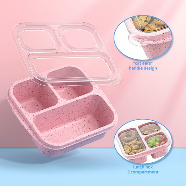 Snack Boxes,Stackable Bento Boxes with 3 Compartments,Meal Prep Containers Reusable,Lightweight Lunch Containers,3 Pack Pink