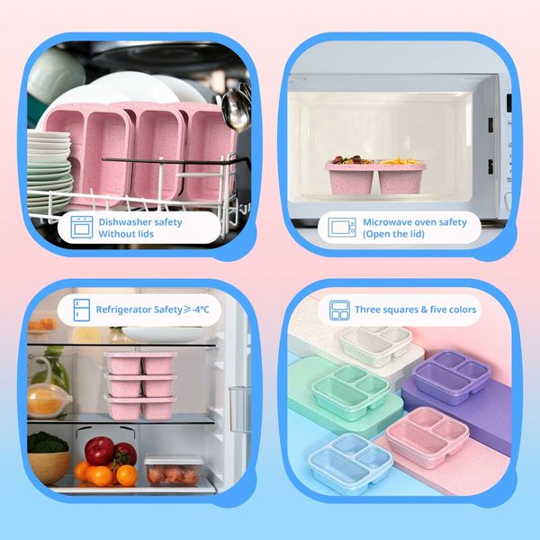 Snack Boxes,Stackable Bento Boxes with 3 Compartments,Meal Prep Containers Reusable,Lightweight Lunch Containers,3 Pack Pink