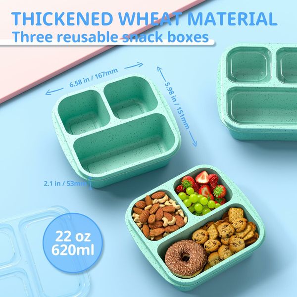 Snack Boxes,Stackable Bento Boxes with 3 Compartments,Meal Prep Containers Reusable,Lightweight Lunch Containers,3 Pack Green