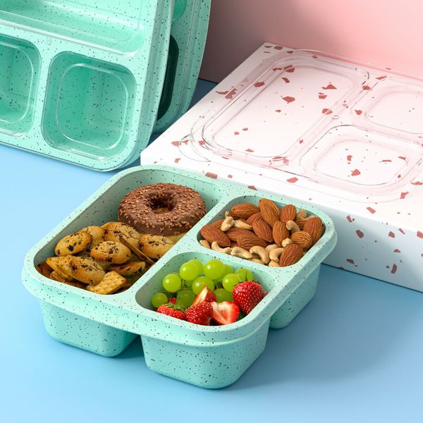 Snack Boxes,Stackable Bento Boxes with 3 Compartments,Meal Prep Containers Reusable,Lightweight Lunch Containers,3 Pack Green