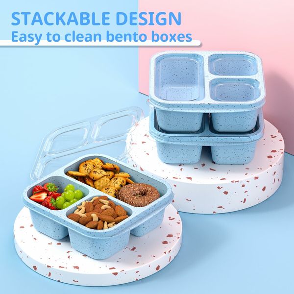 Snack Boxes,Stackable Bento Boxes with 3 Compartments,Meal Prep Containers Reusable,Lightweight Lunch Containers,3 Pack Blue