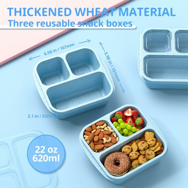 Snack Boxes,Stackable Bento Boxes with 3 Compartments,Meal Prep Containers Reusable,Lightweight Lunch Containers,3 Pack Blue