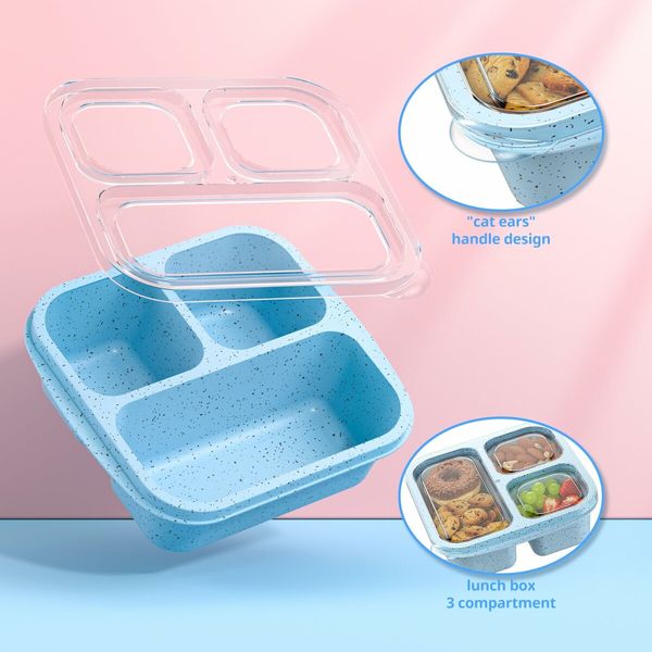 Snack Boxes,Stackable Bento Boxes with 3 Compartments,Meal Prep Containers Reusable,Lightweight Lunch Containers,3 Pack Blue