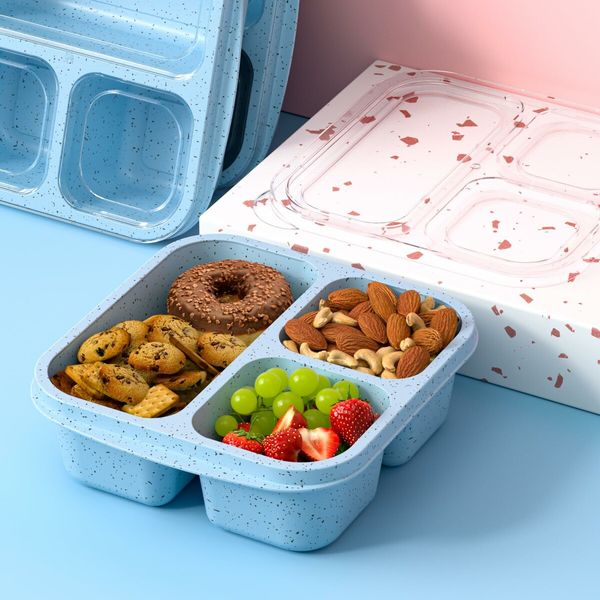 Snack Boxes,Stackable Bento Boxes with 3 Compartments,Meal Prep Containers Reusable,Lightweight Lunch Containers,3 Pack Blue