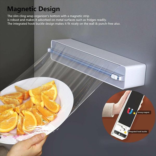 Magnetic Plastic Wrap Dispenser Slide Cutter With Suction For Kitchen Food Wrap Supplies